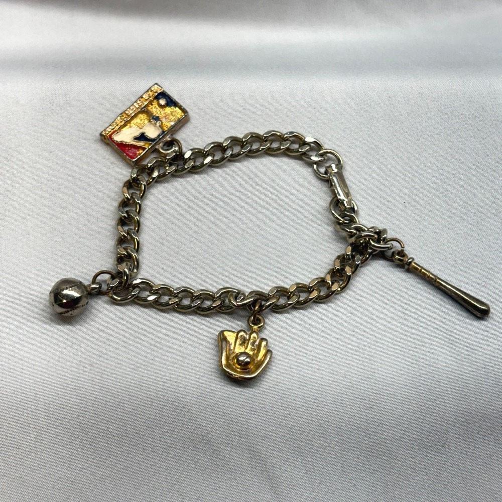 MLB Charm Bracelet Unisex 7.5" Silver Gold Fair Vintage Baseball Sports Logo